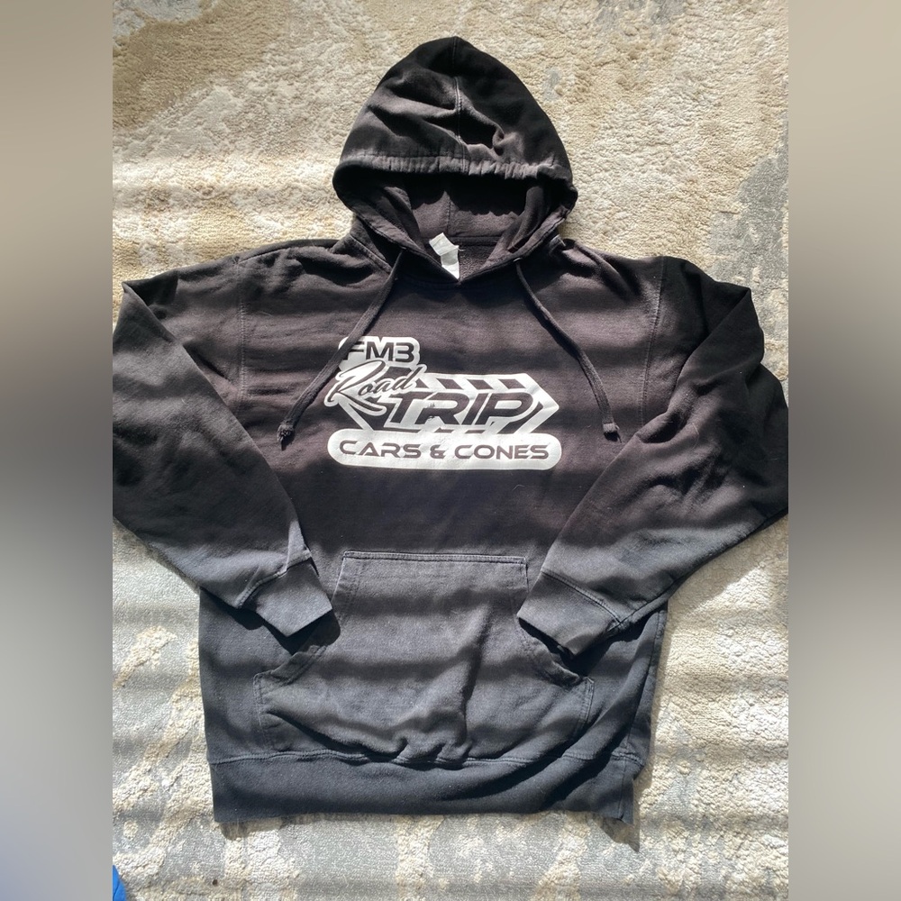Vintage “FM3 Road Trip Cars & Cones" black hoodie lightly distressed size large